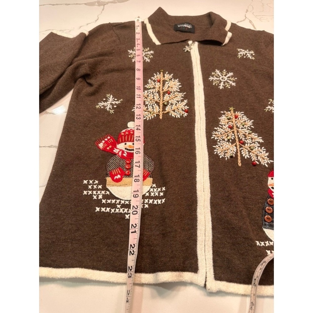 Designers Originals Studio Joy Brown Snowman Christmas Tree Zip Cardigan Sweater - Picture 9 of 10